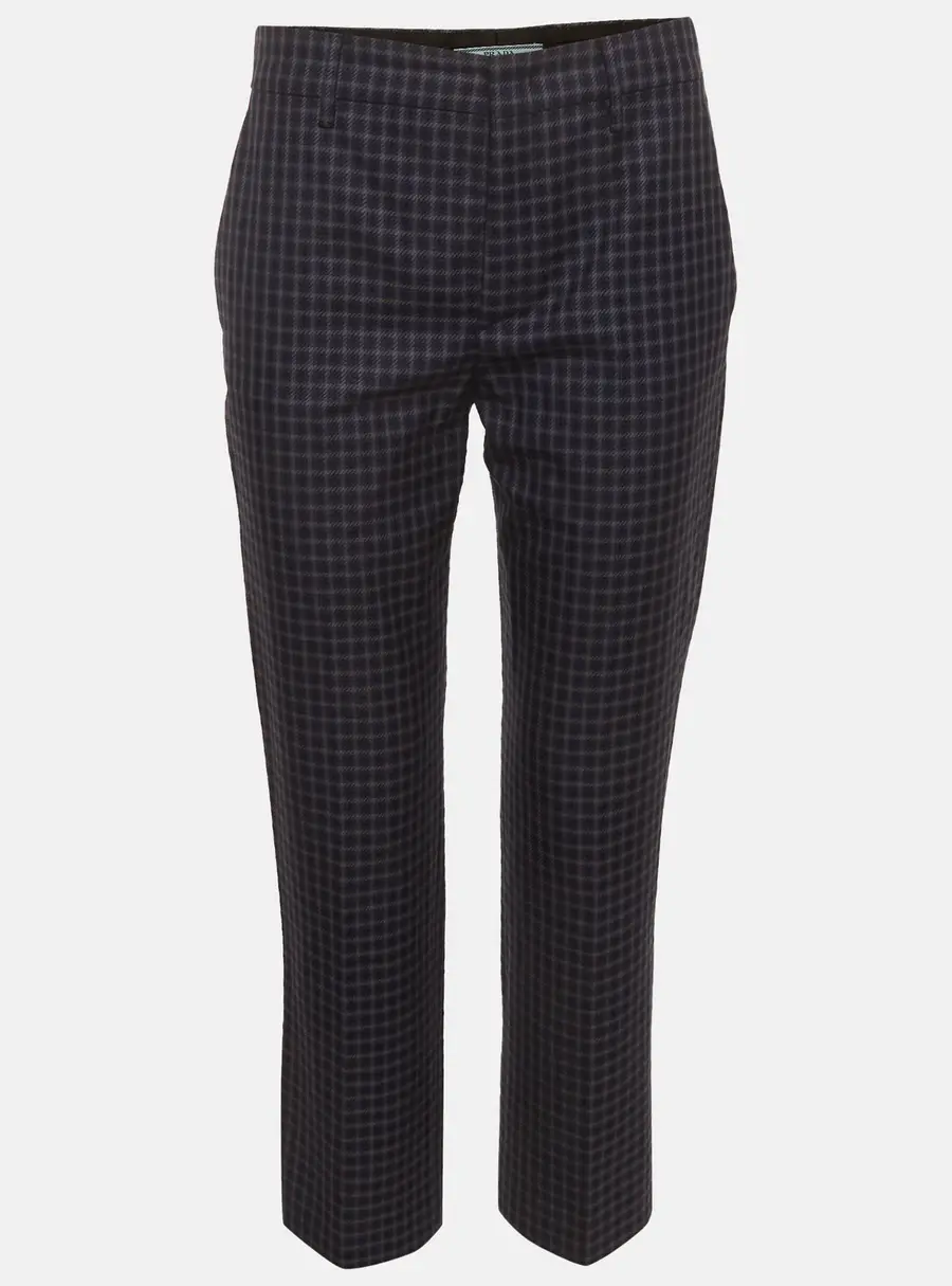 Prada Blue/Black Plaid Pattern Wool Blend Trousers S