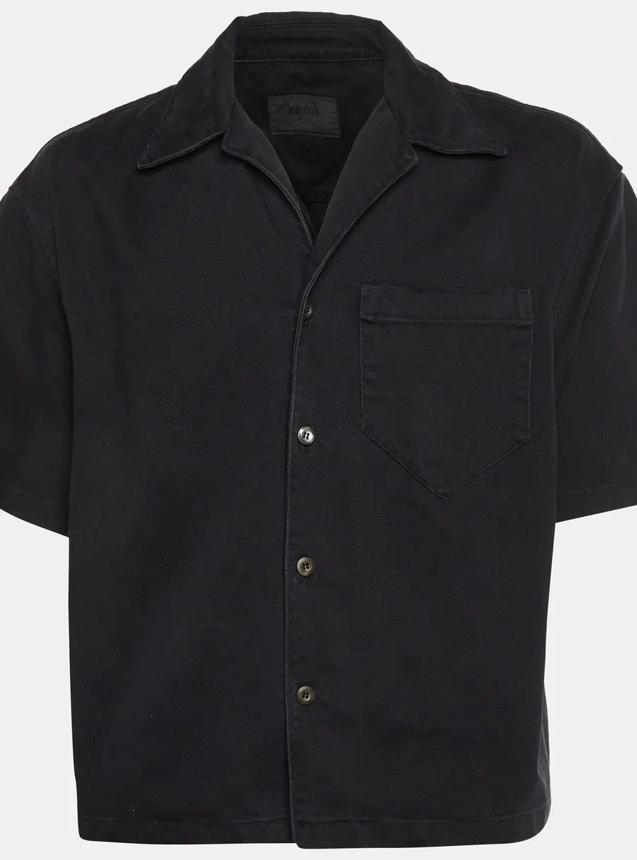 Prada Black Denim Distressed Bowling Shirt L