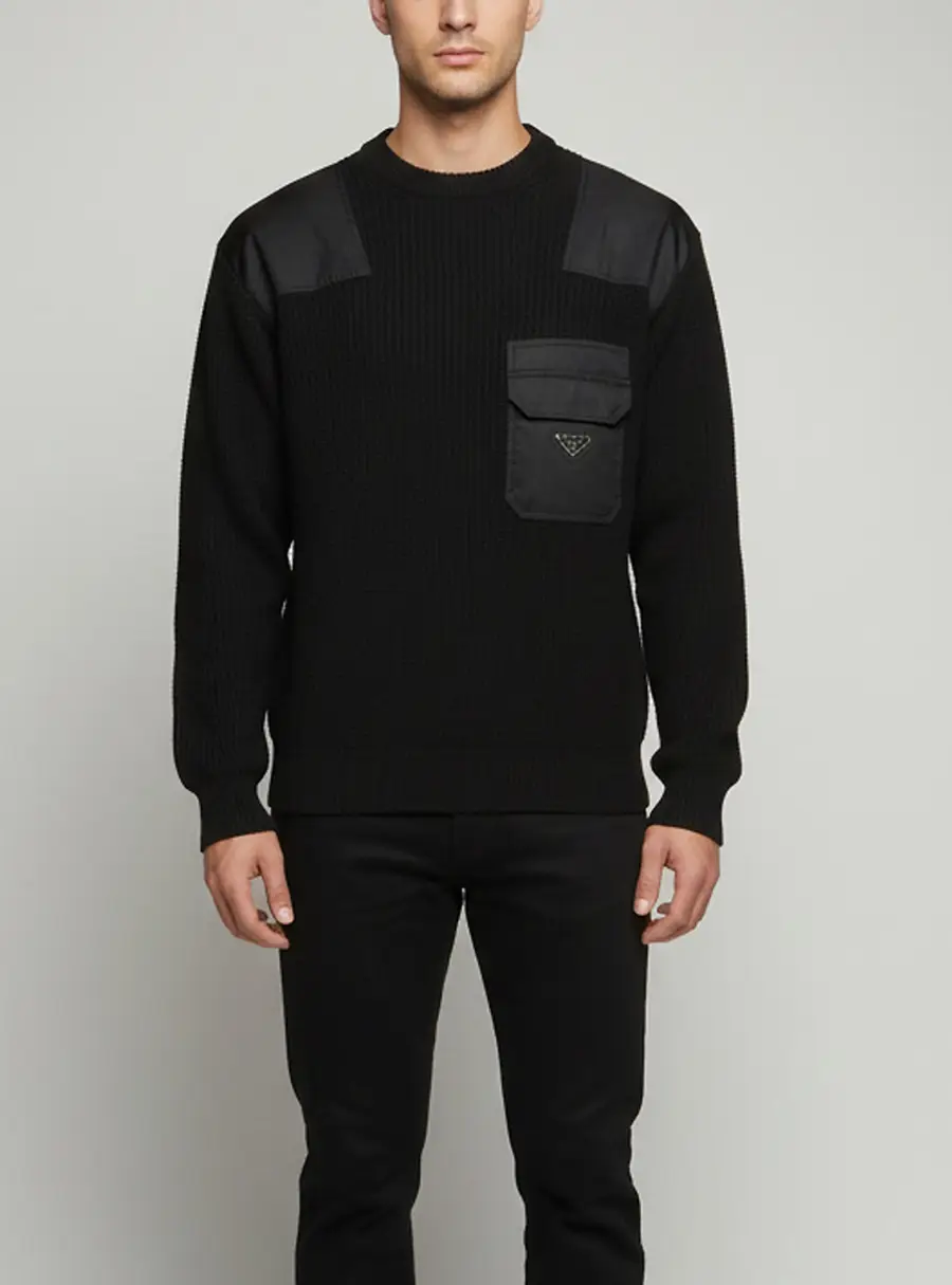 Prada Re-Nylon Black Logo Plague Detail Knitted Crewneck Sweater L