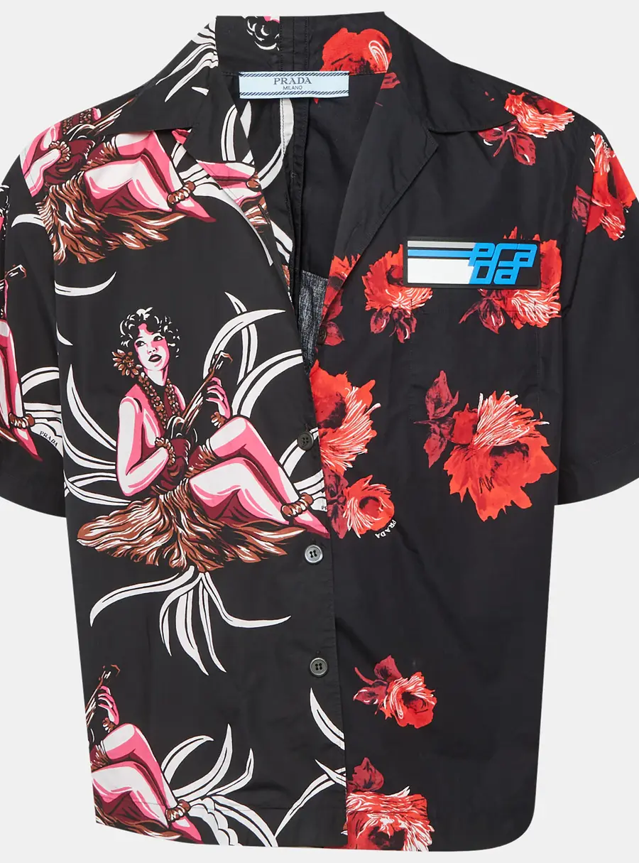 Prada Black Floral Print Cotton Logo Detail Bowling Shirt S