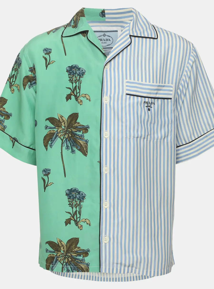 Prada Green/Blue Stripe Campanula Printed Poplin Double Match Split Bowling Shirt S