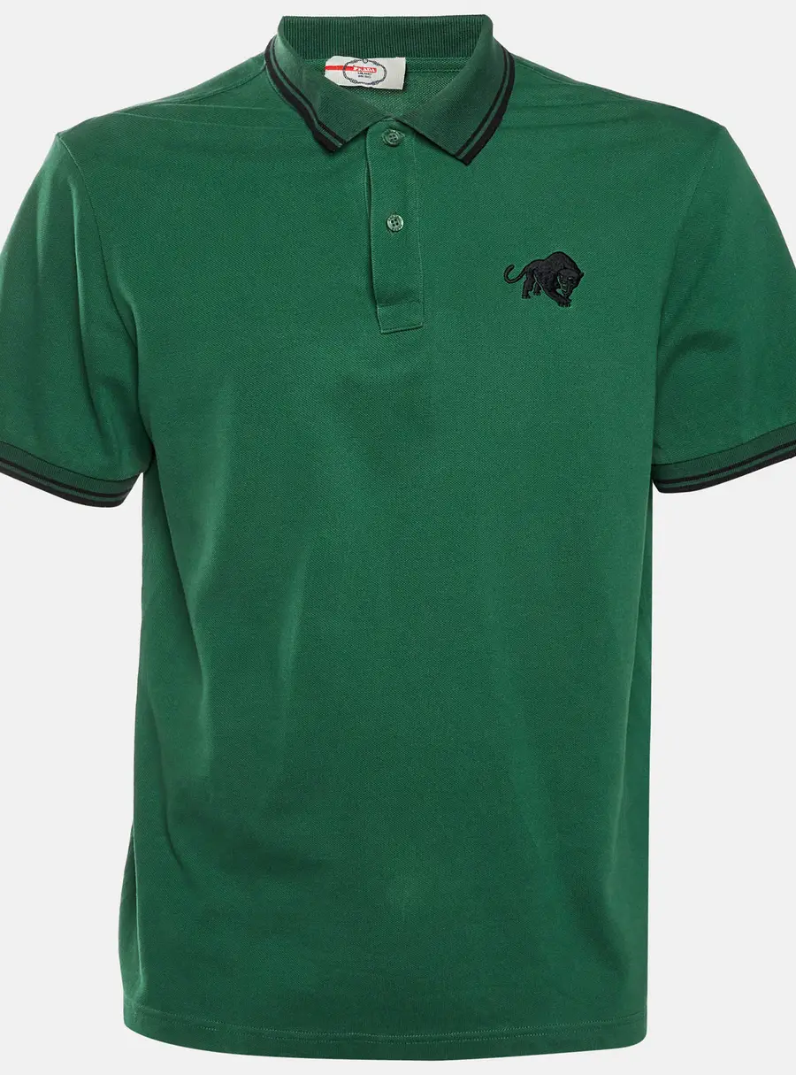 Prada Sport Green Panther Embroidered Cotton Pique Polo T-Shirt XXL