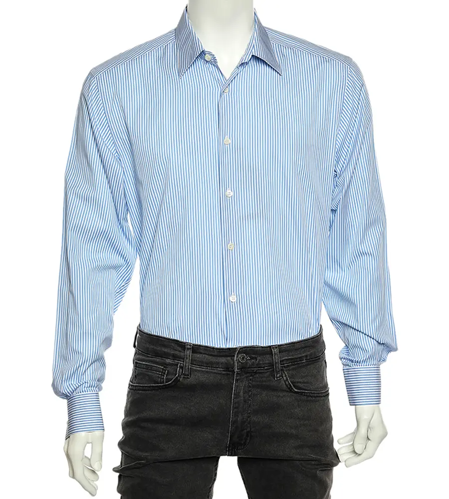 Prada Blue Striped Cotton Button Front Shirt XL