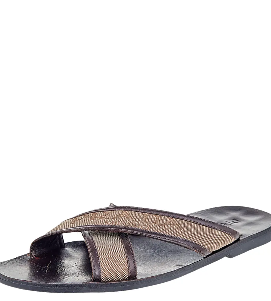 Prada Dark Brown/Beige Leather And Canvas Criss Cross Flat Slide Sandals Size 44