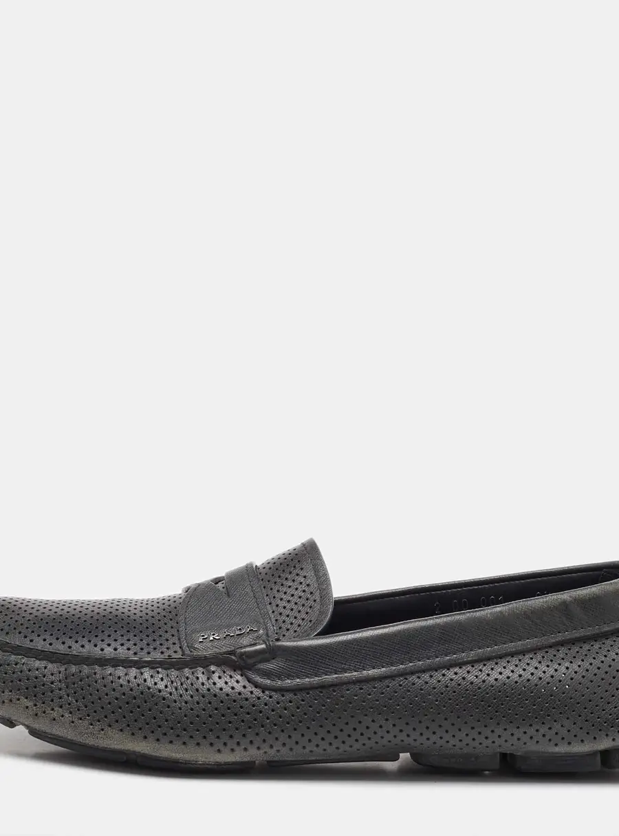 Prada Dark Grey Perforated Leather Slip On Loafers Size 43.5