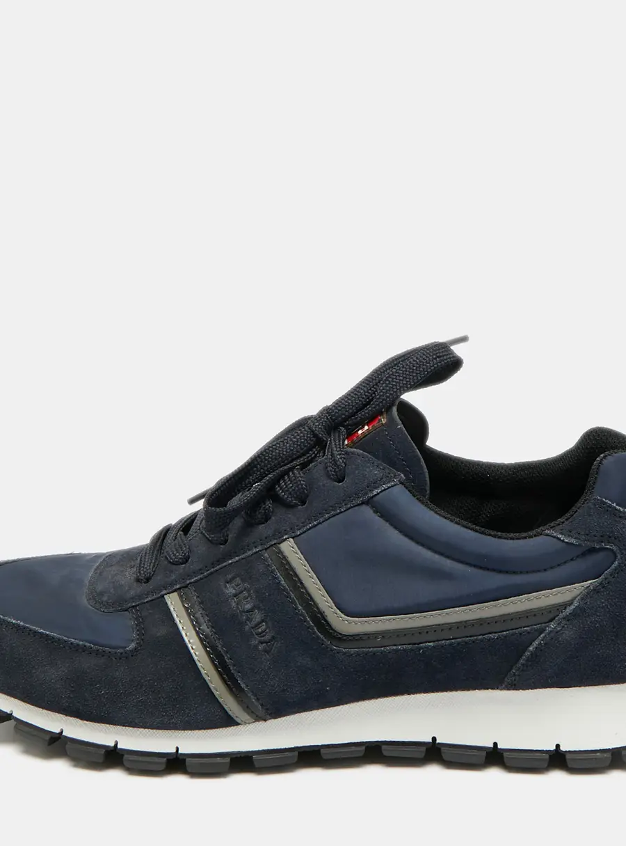 Prada Matchrace Size 44 Navy Blue Nylon and Suede Lace Up Sneakers