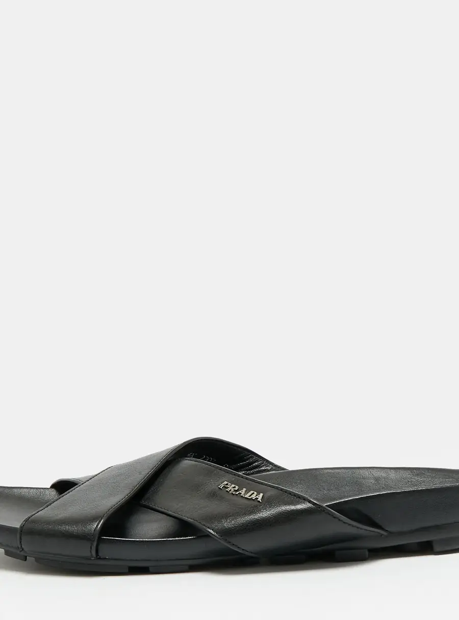 Prada  Size 43.5 Black Leather Crisscross Flat Slides