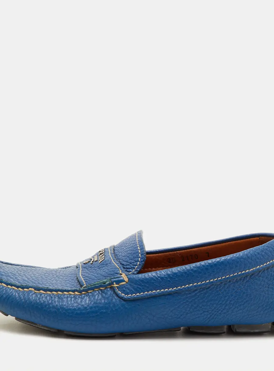 Prada Size 41 Blue Leather Logo Slip On Loafers