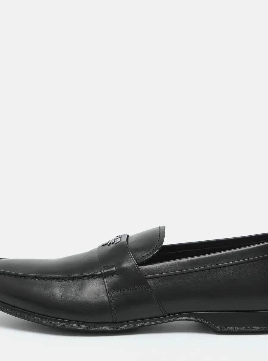 Prada Logo Embellished Size 44 Black Leather Loafers