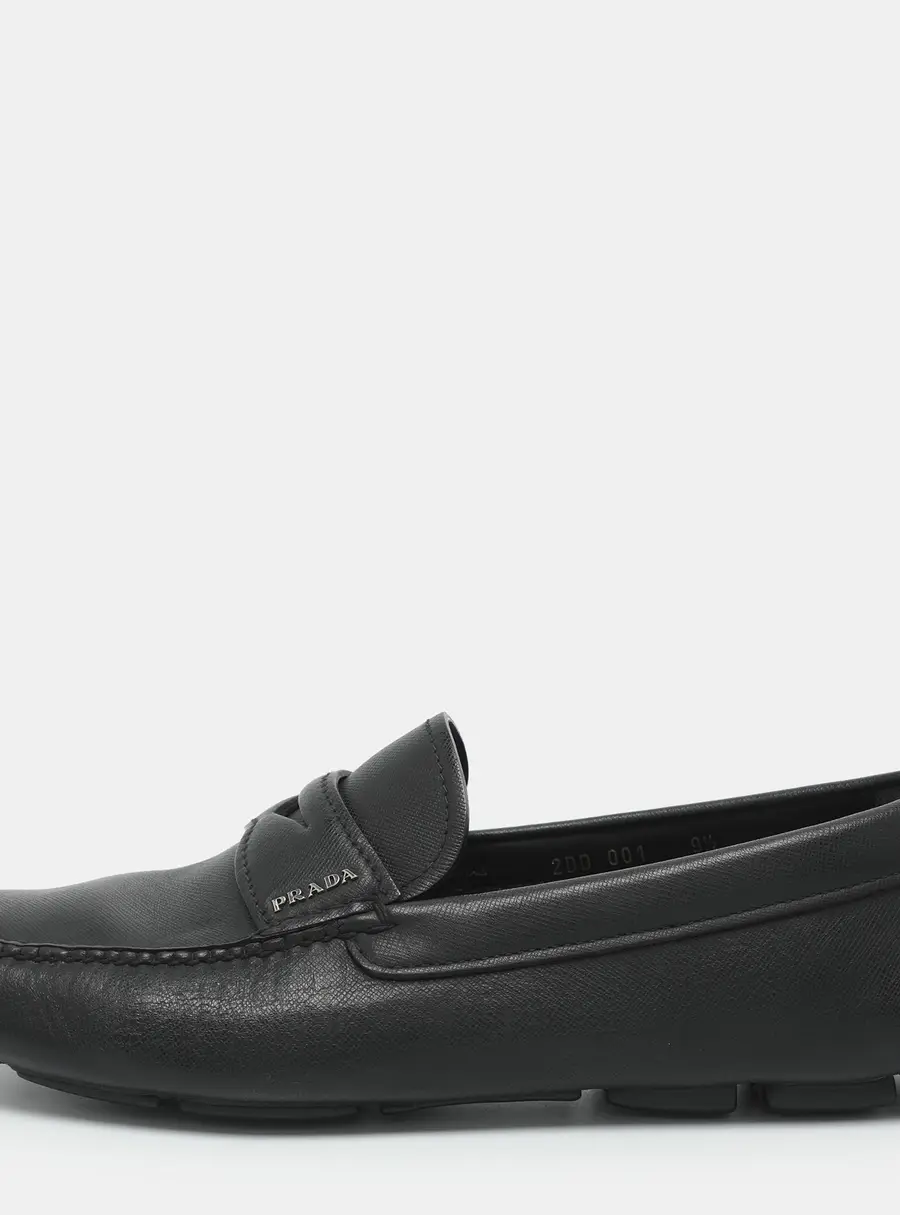 Prada Logo Embellished Size 43.5 Black Leather Penny Loafers