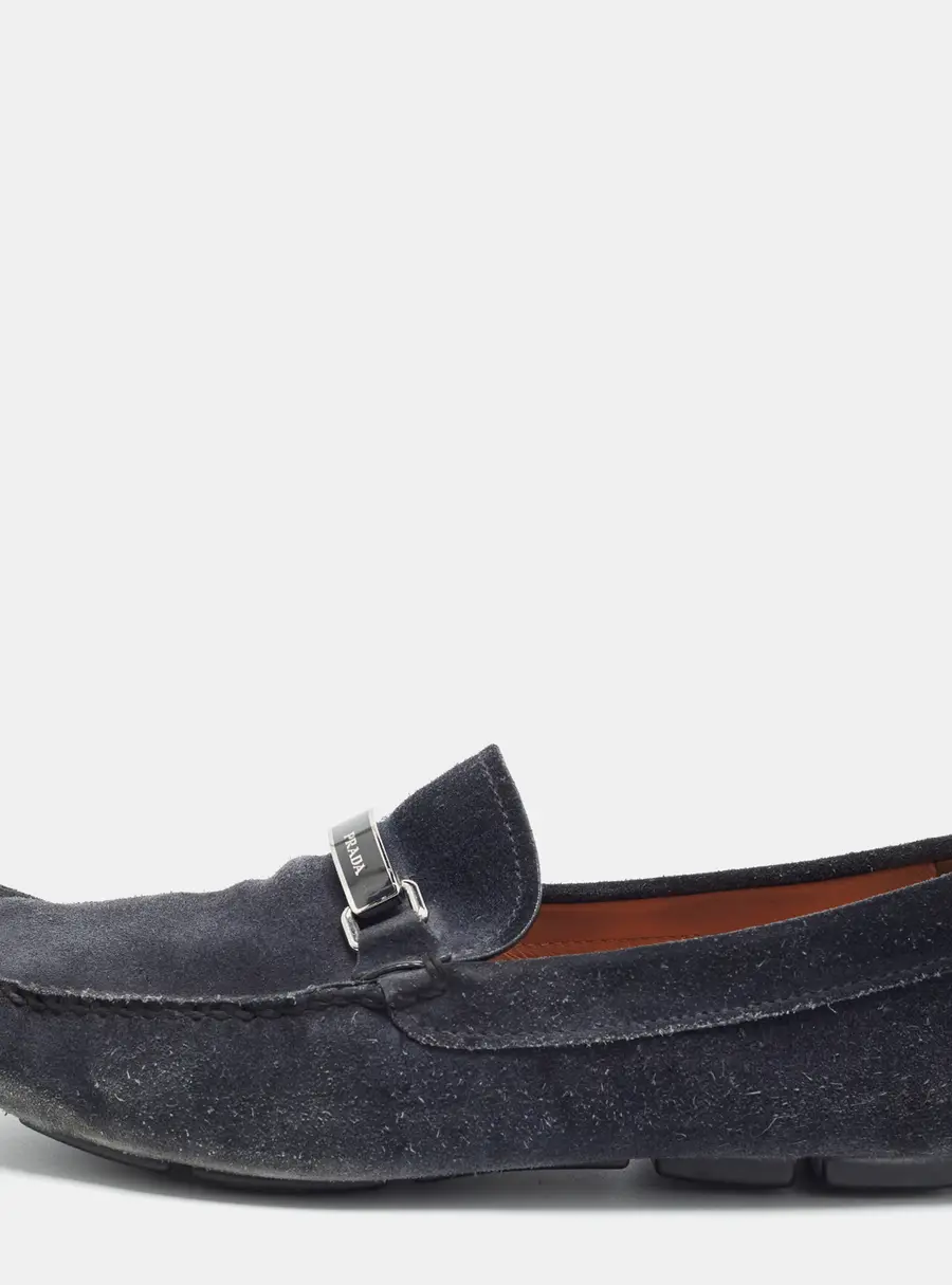 Prada Size 41.5 Navy Blue Suede Penny Loafers