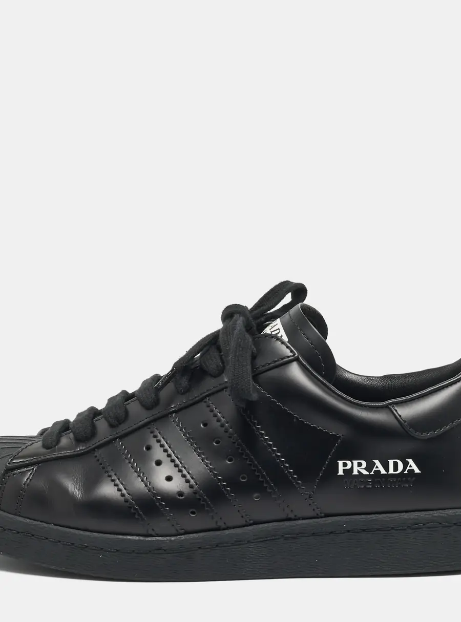 Prada x Adidas Superstar Size 39.5 Black Leather Lace Up Sneakers