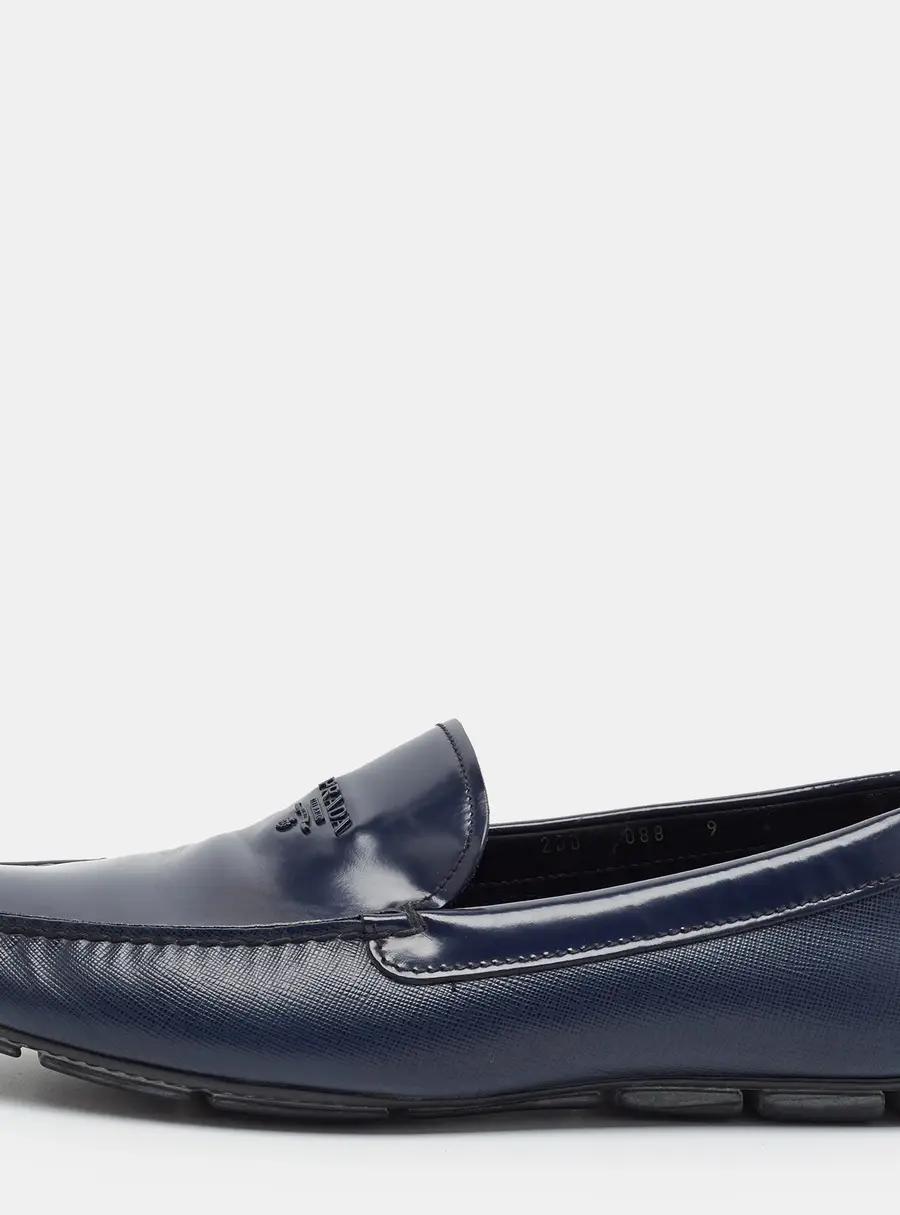 Prada Size 43 Blue Leather Triangle Logo Loafers
