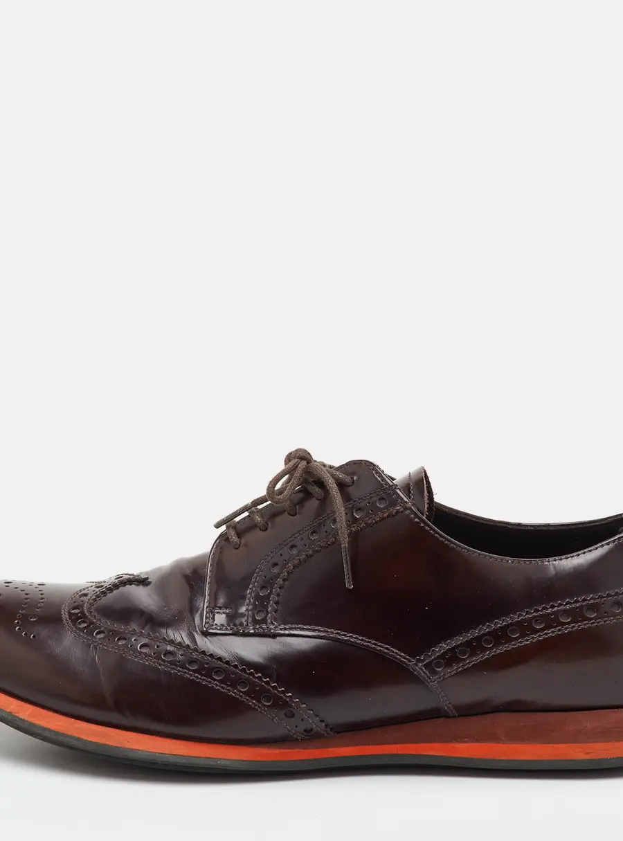 Prada Size 42 Dark Brown Brogue Leather Lace Up Wingtip Derby