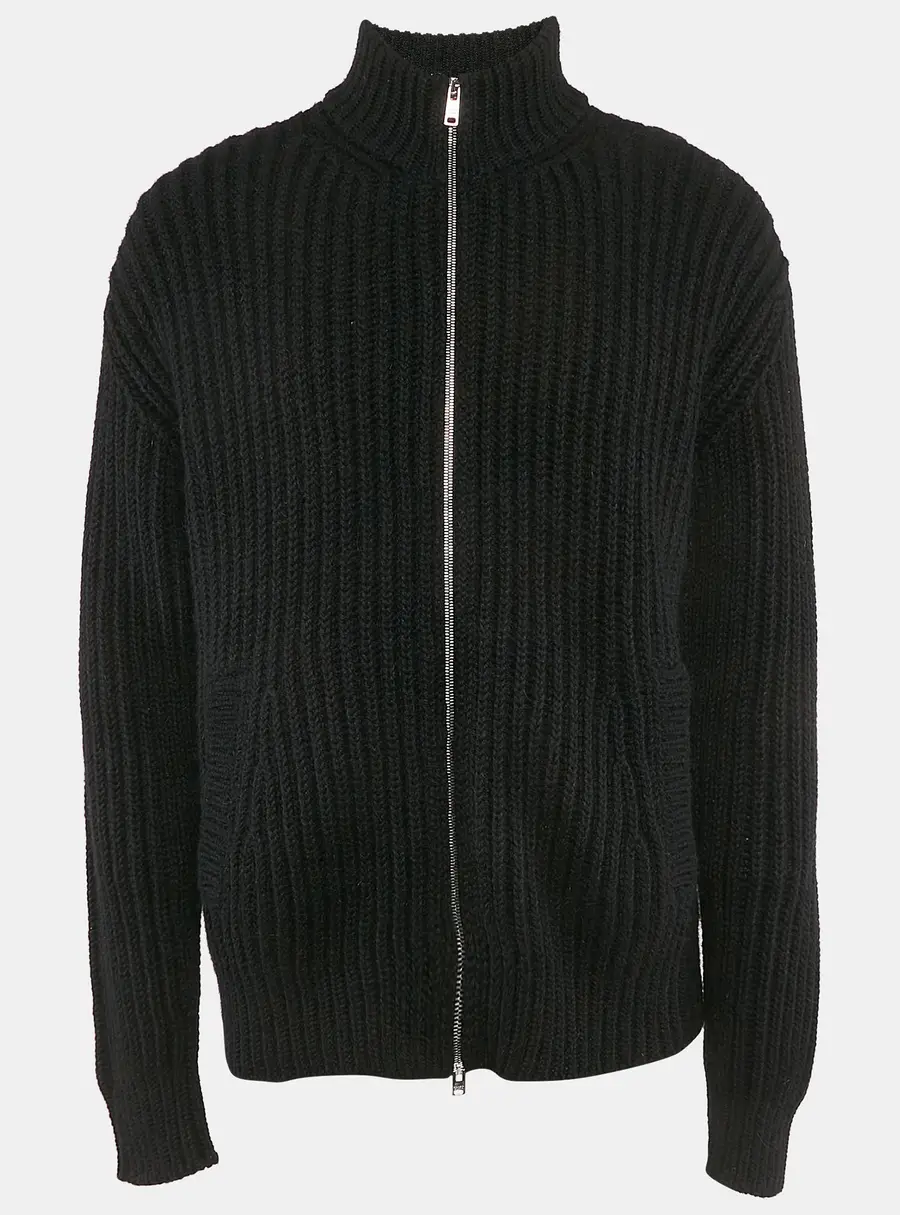 Prada Black Rib Knit Zip-Up Cardigan L