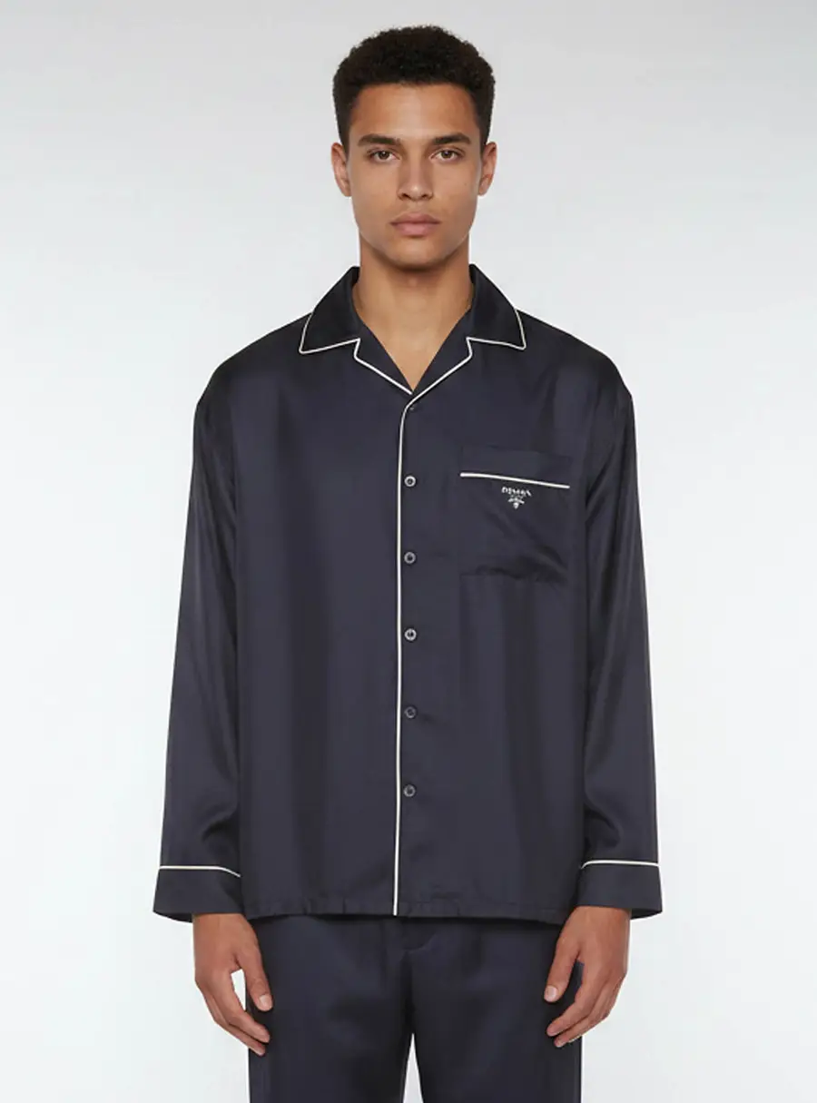 Prada Navy Blue Silk Oversized Button Up Pajama Shirt S
