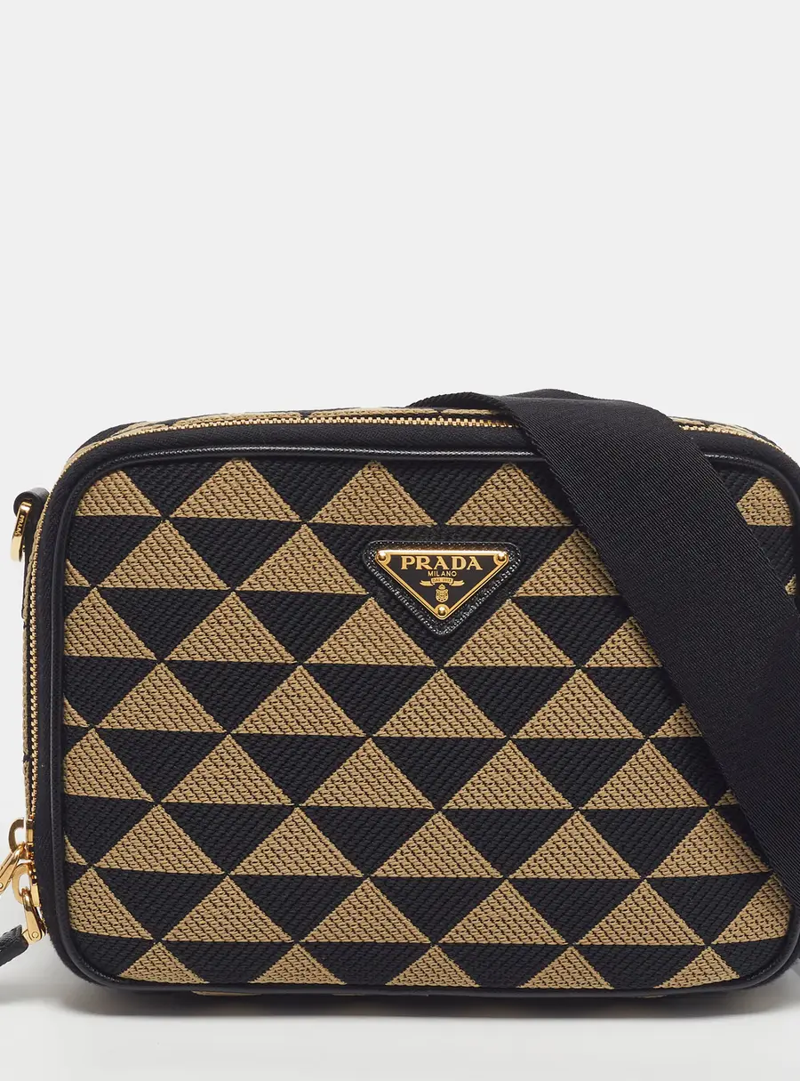 Prada Symbole Beige/Black Embroidered Canvas Shoulder Bag