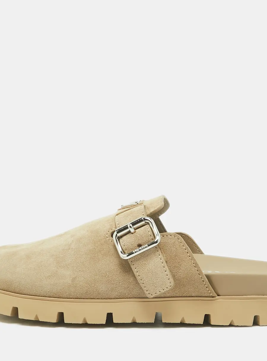 Prada Size 42 Beige Suede Triangle Logo Flat Mules
