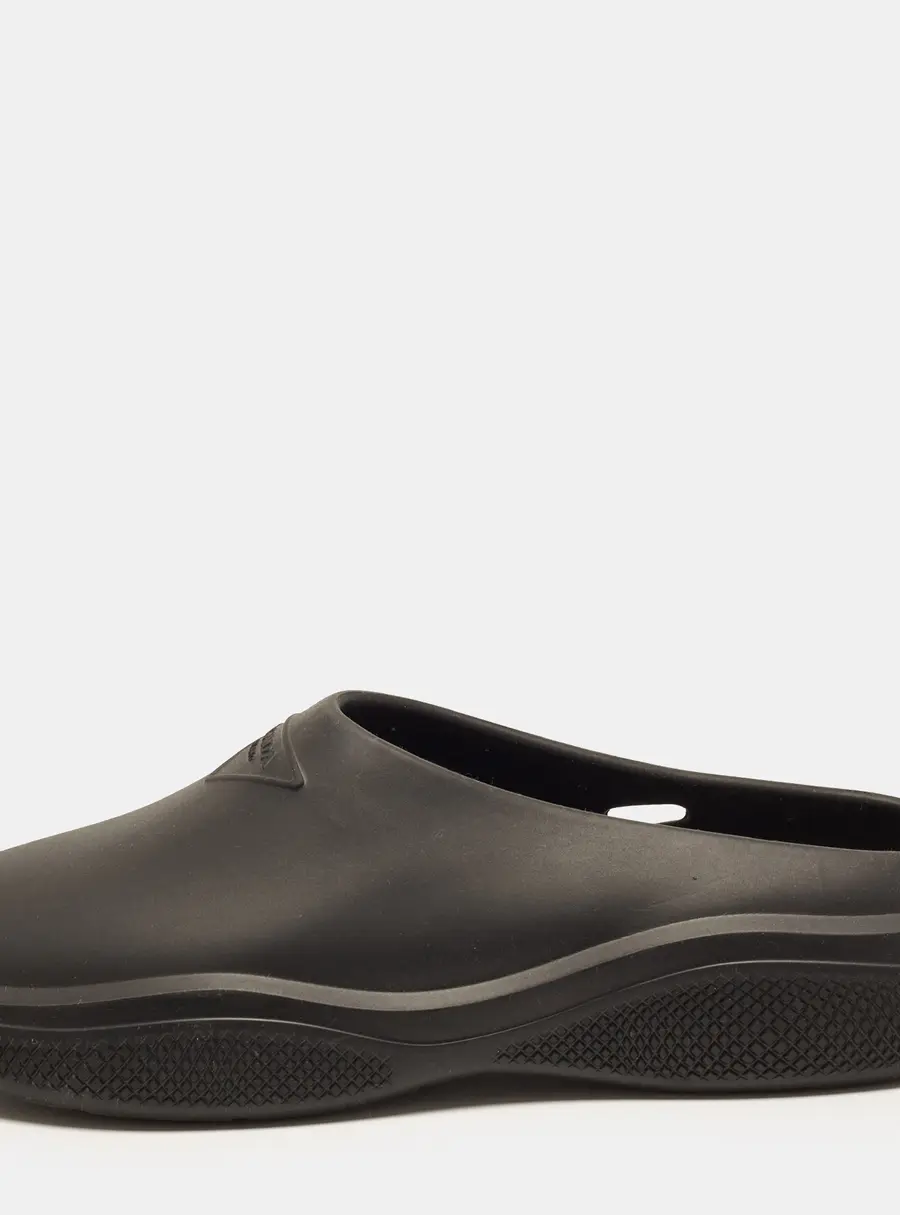Prada Size 43 Black Rubber Triangle Logo Mules