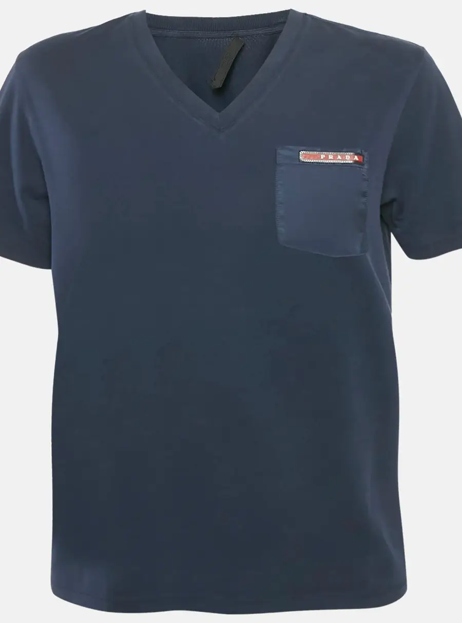 Prada Blue Cotton Rubber Logo Nylon Pocket V-Neck T-Shirt S