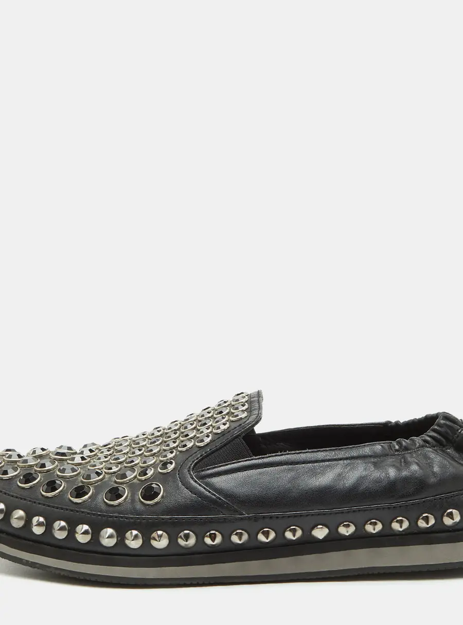 Prada Sport Size 43.5 Black Leather Crystal Studded Slip On Sneakers