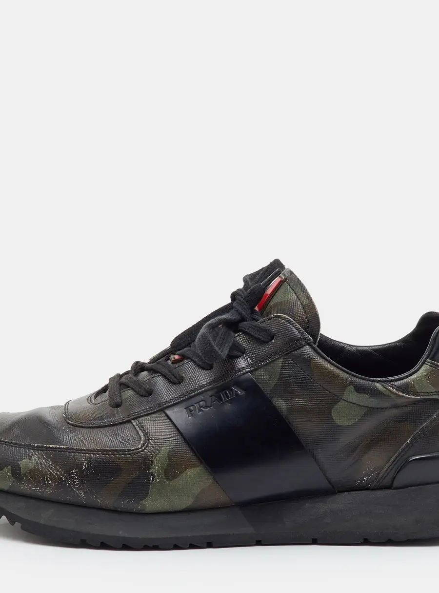 Prada Sport Size 42.5 Green/Black Camouflage Print Leather Low Top Sneakers