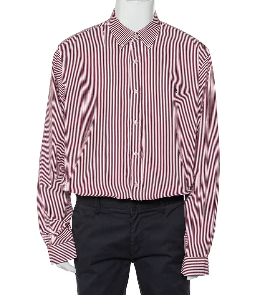 Ralph Lauren Burgundy Striped Cotton Logo Embroidered Button Front Shirt XXL