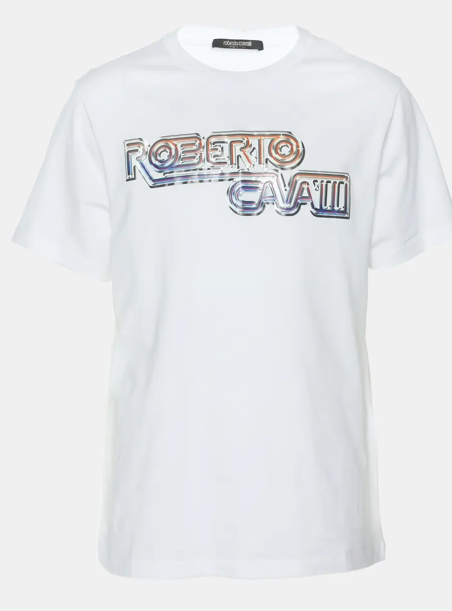 Robert Cavalli White Jersey Logo Print T-Shirt L