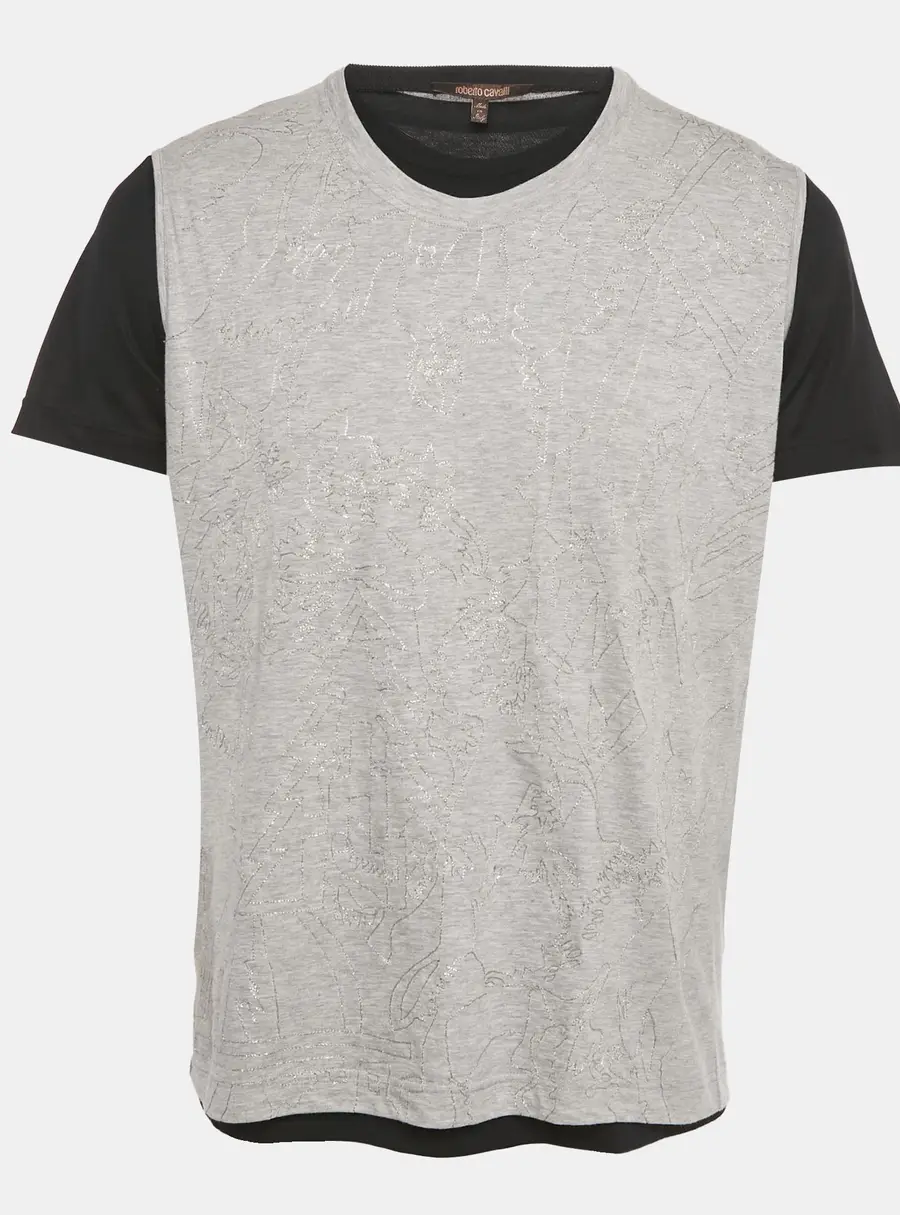 Roberto Cavalli Grey Embroidered Jersey Layered T-Shirt M