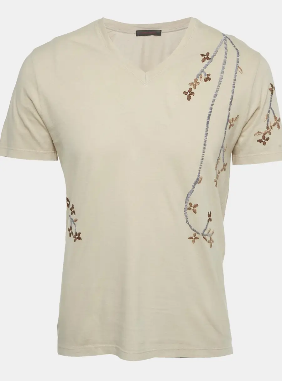 Roberto Cavalli Beige Floral Embroidered Jersey V-Neck T-Shirt S