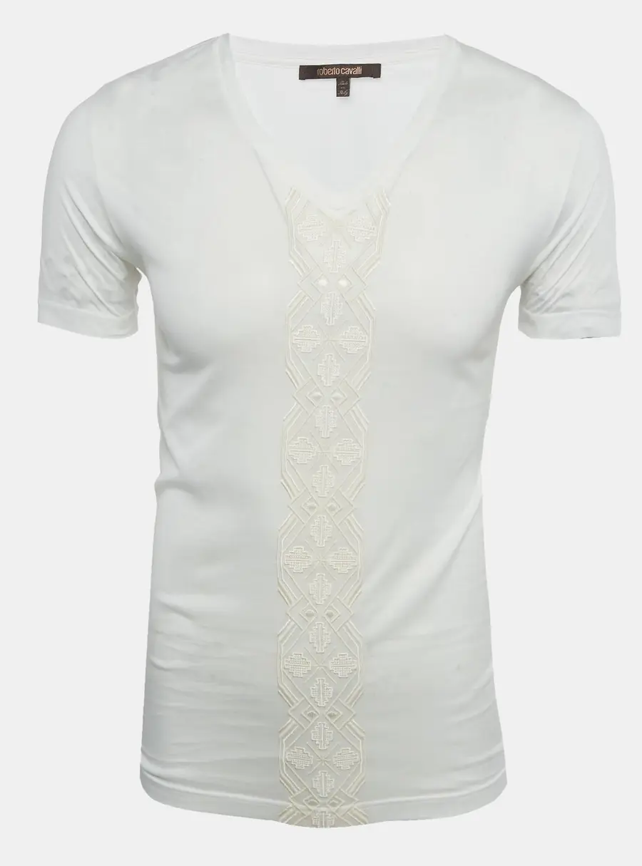 Roberto Cavalli White Embroidered Jersey V-Neck T-Shirt S