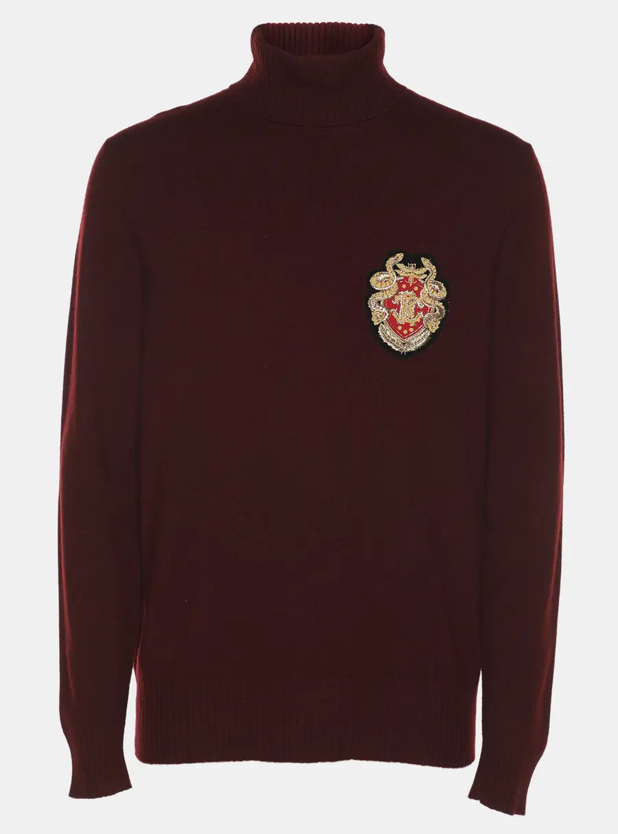 Roberto Cavalli Burgundy Wool Blend Logo Patch Turtle Neck Sweater M