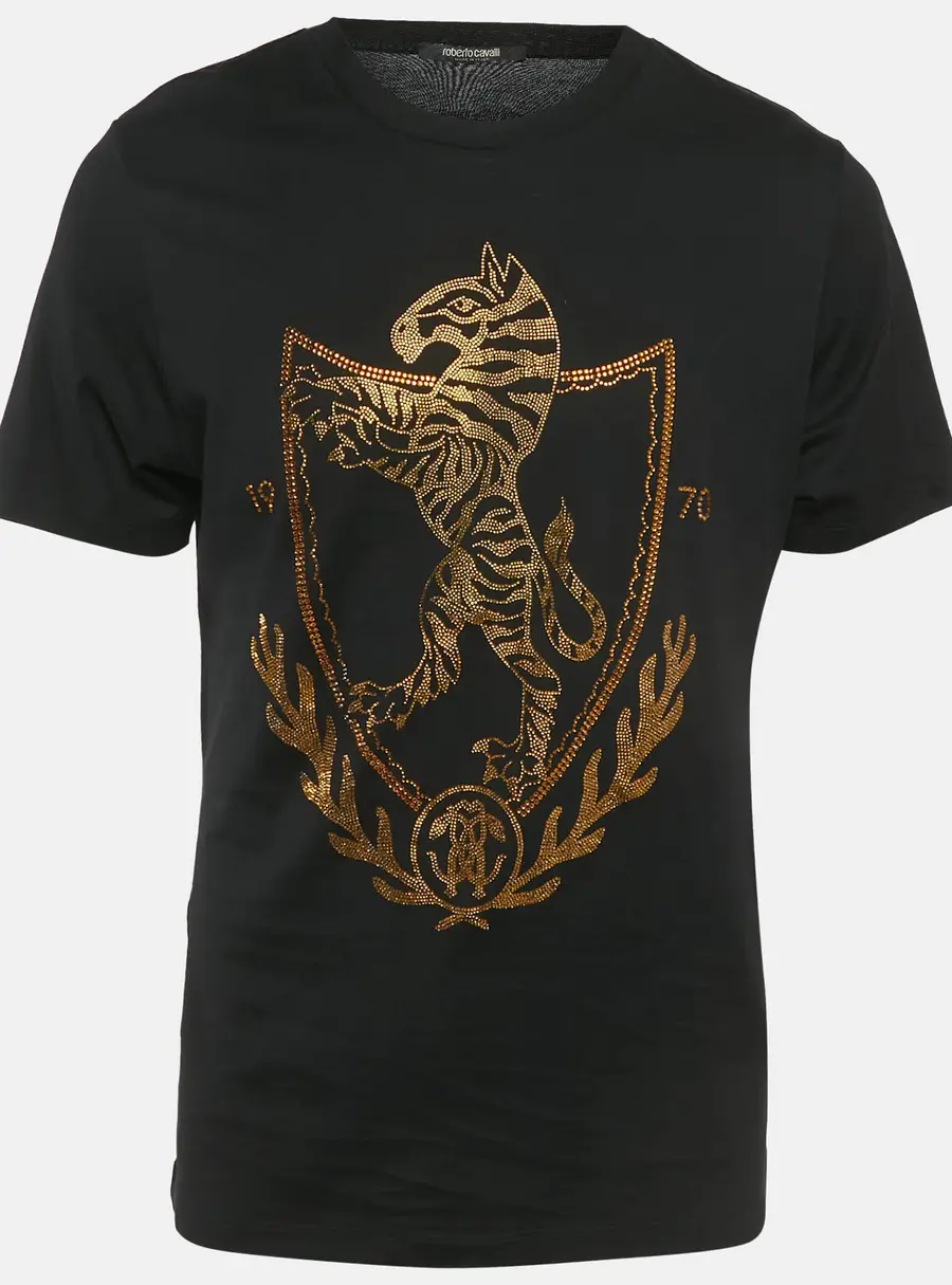 Roberto Cavalli Black Crest Crystal Embellished Cotton Knit T-Shirt L