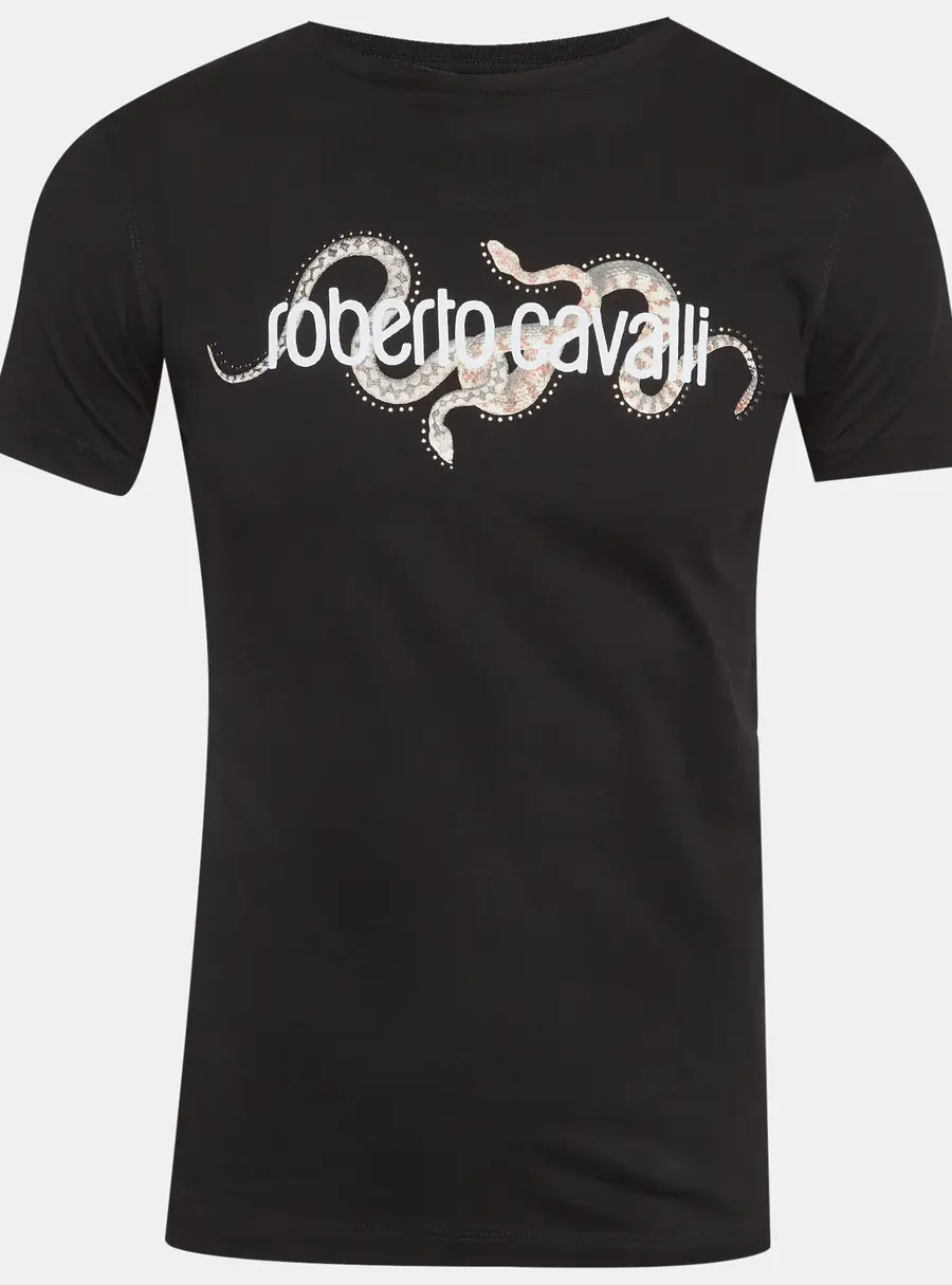 Roberto Cavalli Black Snake Graphic Logo Crew Neck T-Shirt S