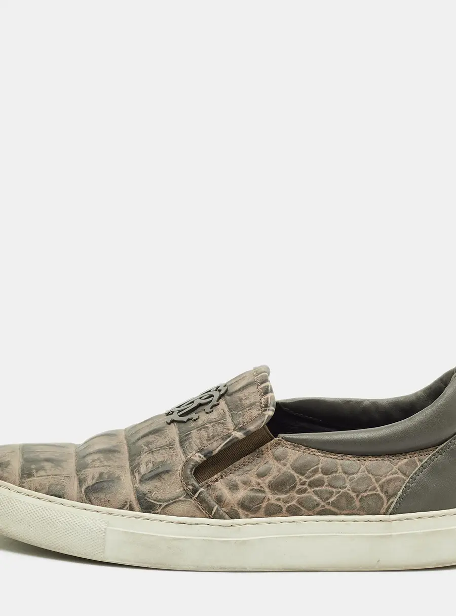 Roberto Cavalli Size 40 Green Croc Embossed Leather Logo Slip On Sneakers