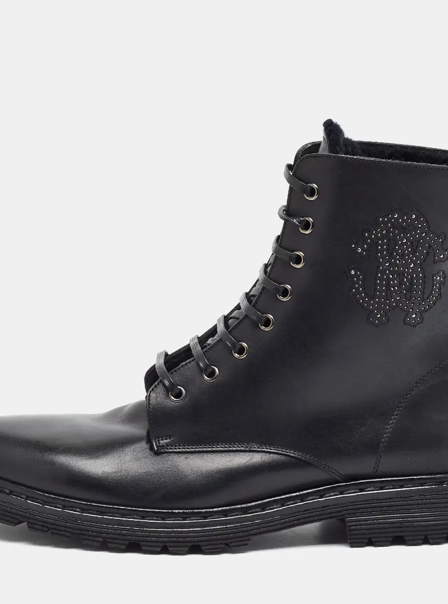 Roberto Cavalli Size 43.5 Black Leather Lace-Up Combat Boots