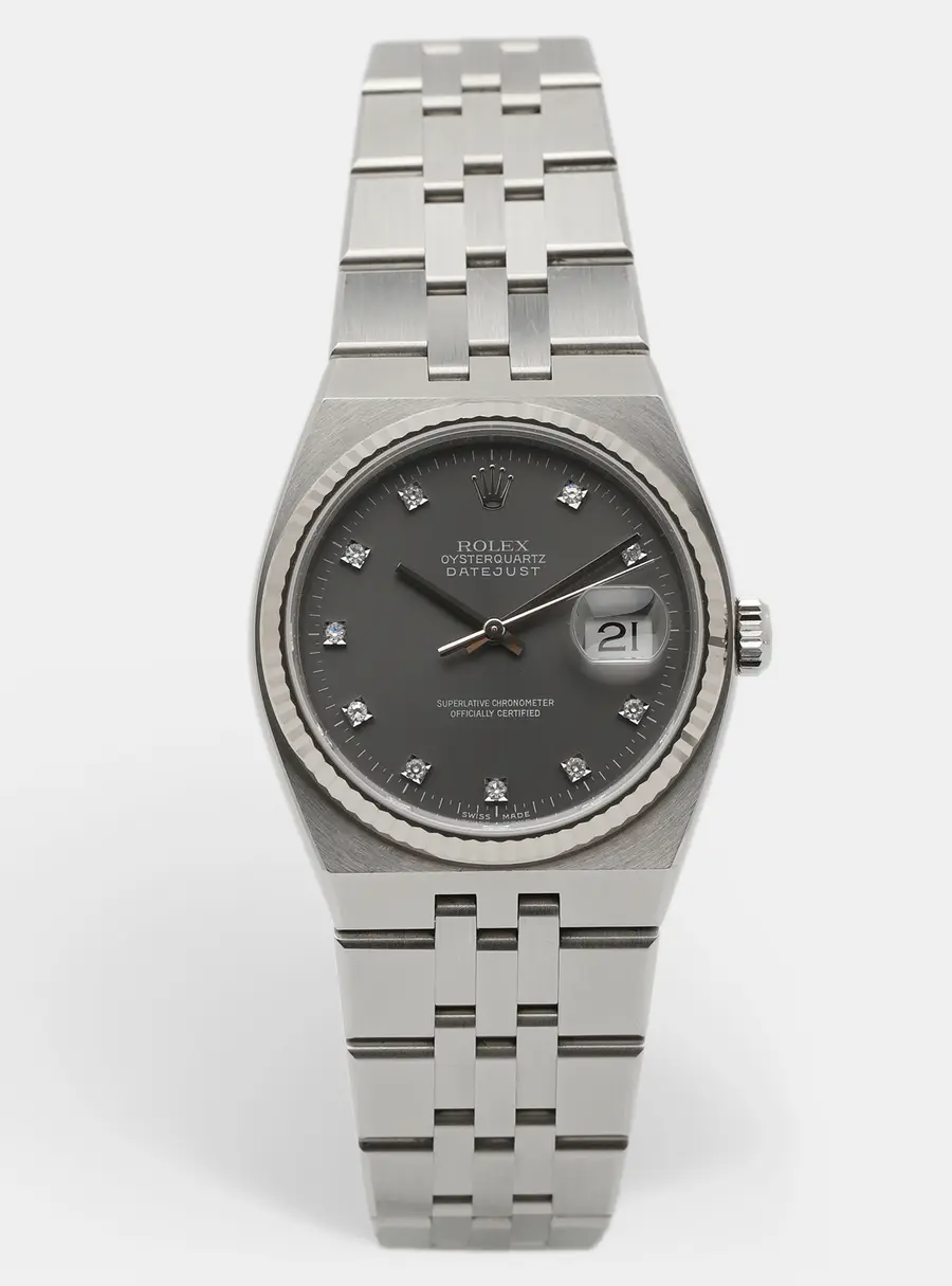 Rolex Datejust Oysterquartz 17014A Grey Dial Stainless Steel Diamond Men's Wristwatch 36 mm