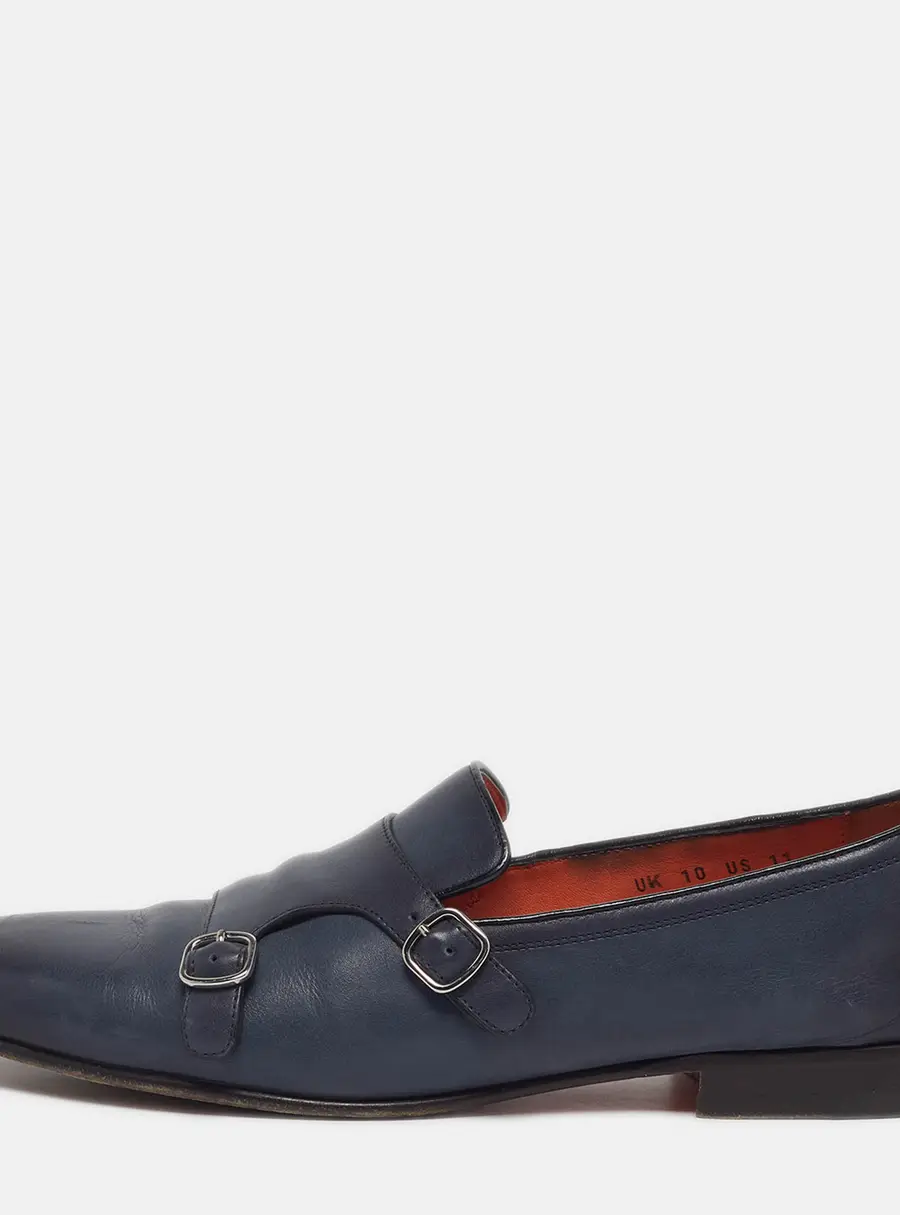 Santoni Size 44 Blue Leather Double Strap Loafers