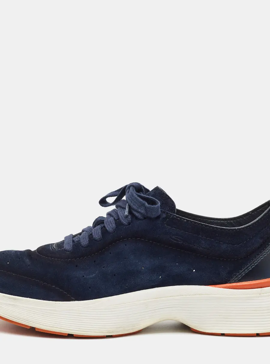 Santoni Easy Bounce Size 41 Navy Blue Leather and Suede Low Top Sneakers
