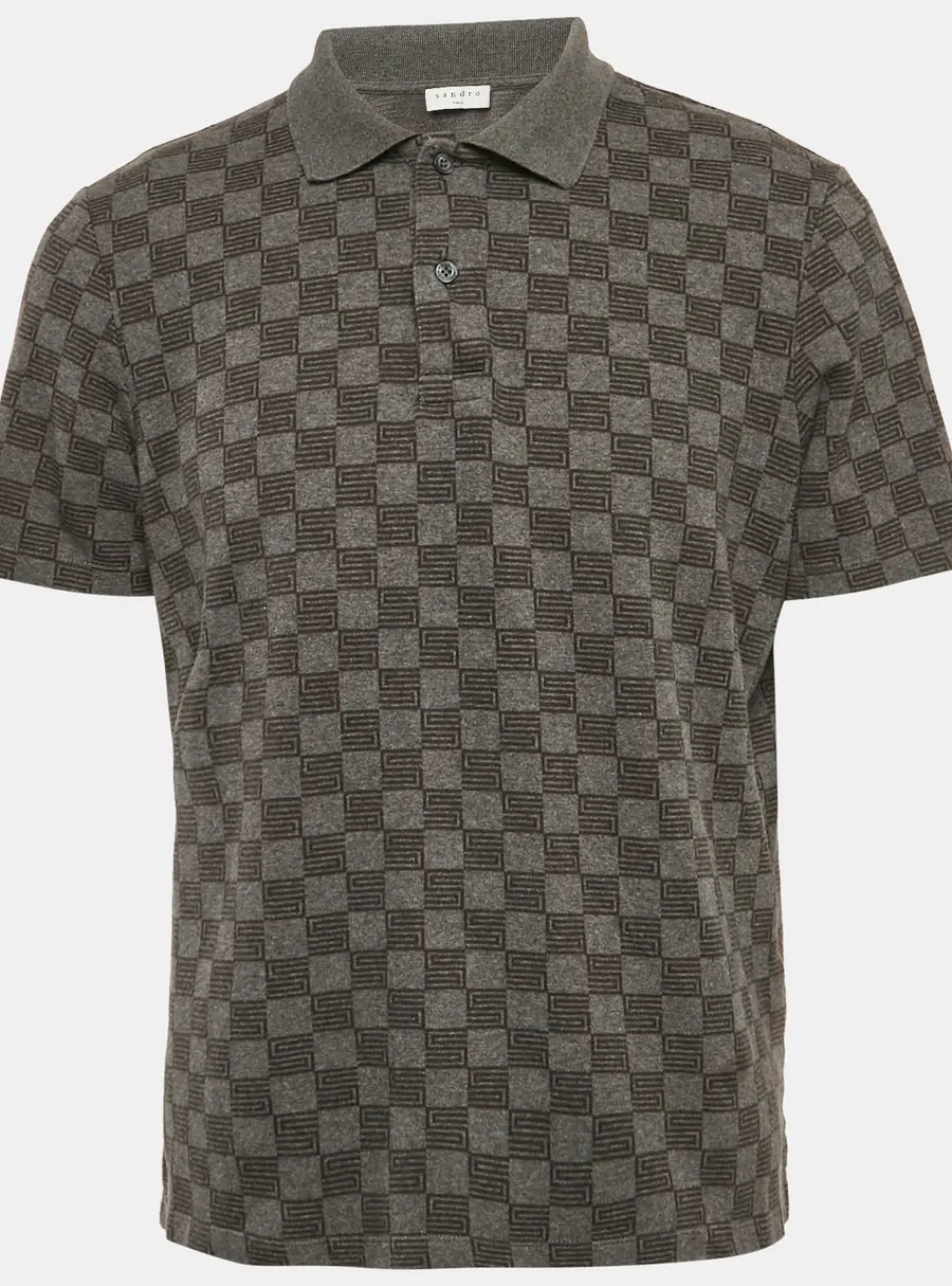 Sandro Grey Check Print Cotton Pique Polo T-Shirt L