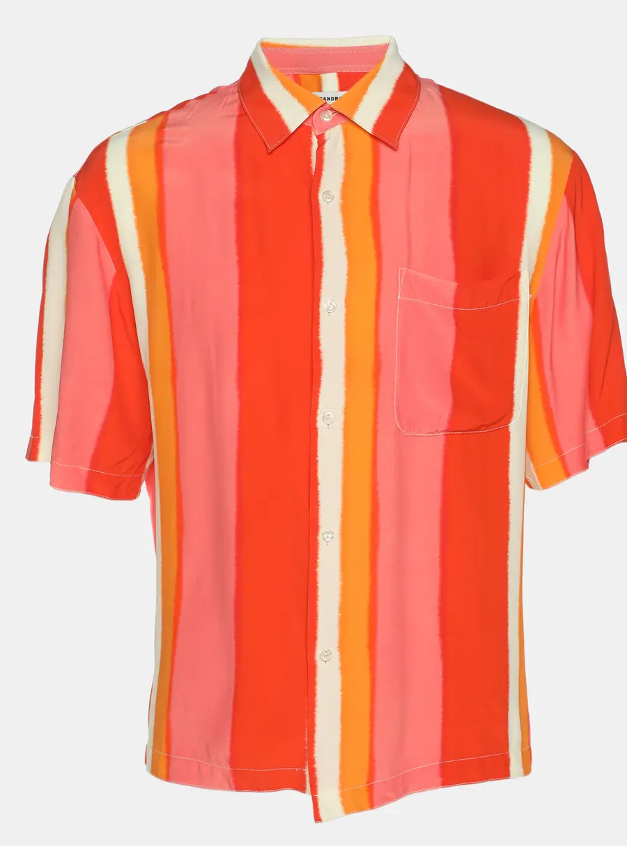 Sandro Orange Flowing Striped Crepe Short Sleeve Shirt M