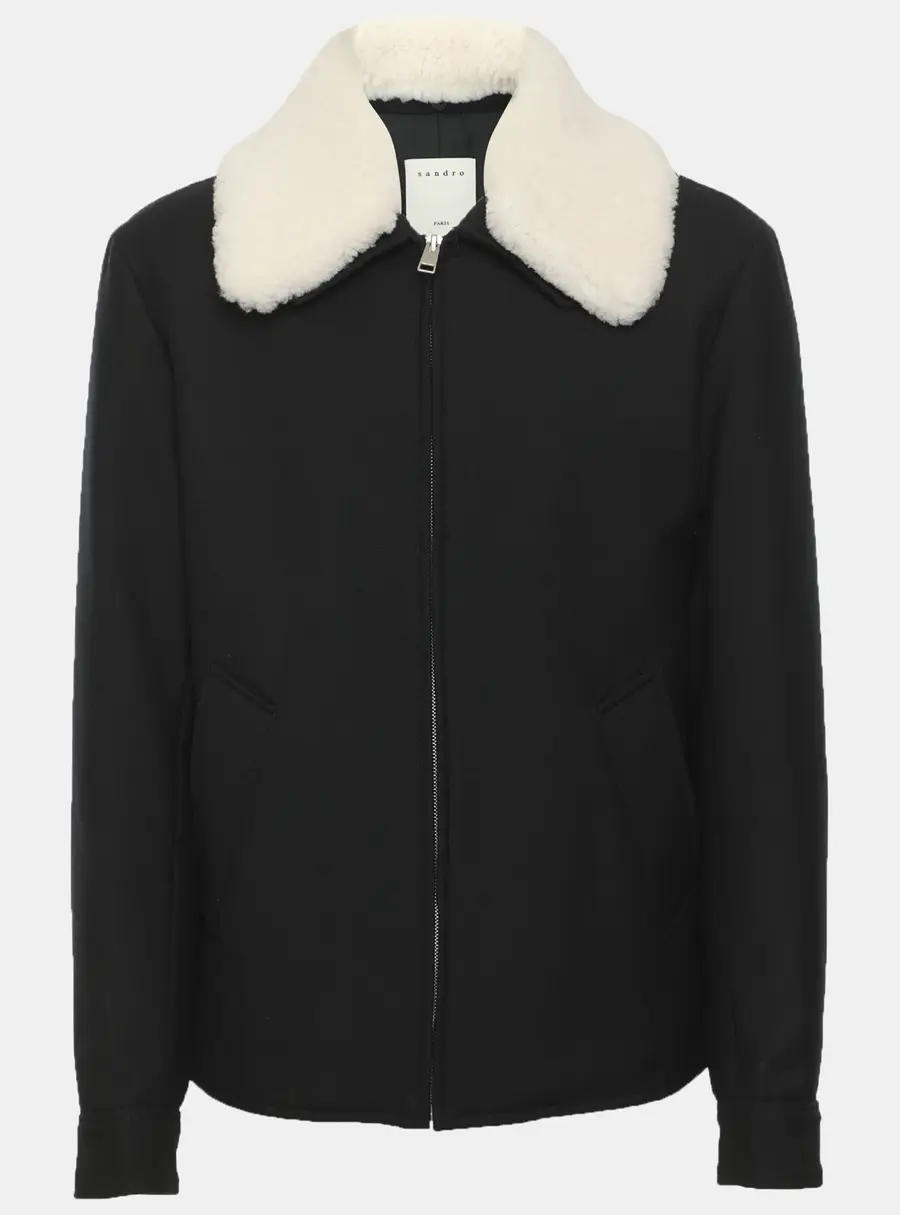 Sandro Navy Blue/White Wool Blend Removable Collar Jacket M
