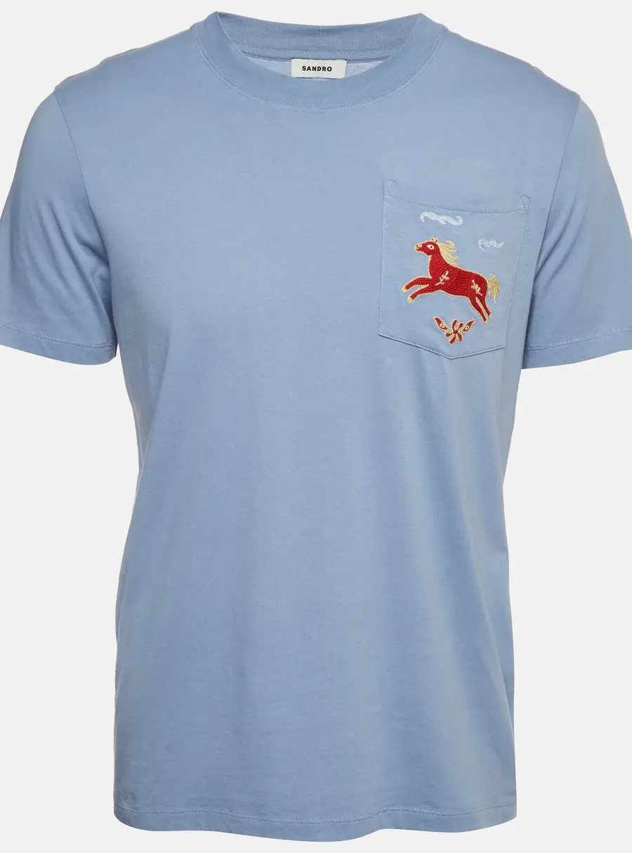 Sandro Blue Horse Embroidered Jersey Pocket T-Shirt S