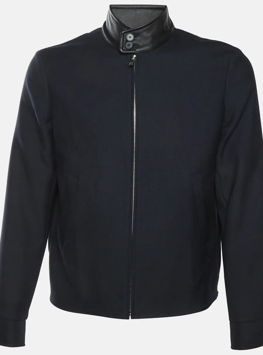 Sandro Black Wool Blend Leather Collar Detail Zip Up Jacket M