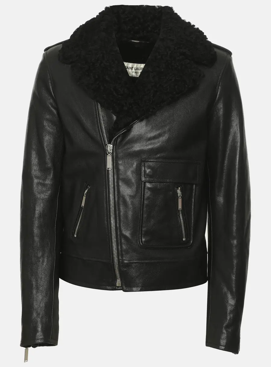Saint Laurent Black Leather Fur Lined Biker Jacket