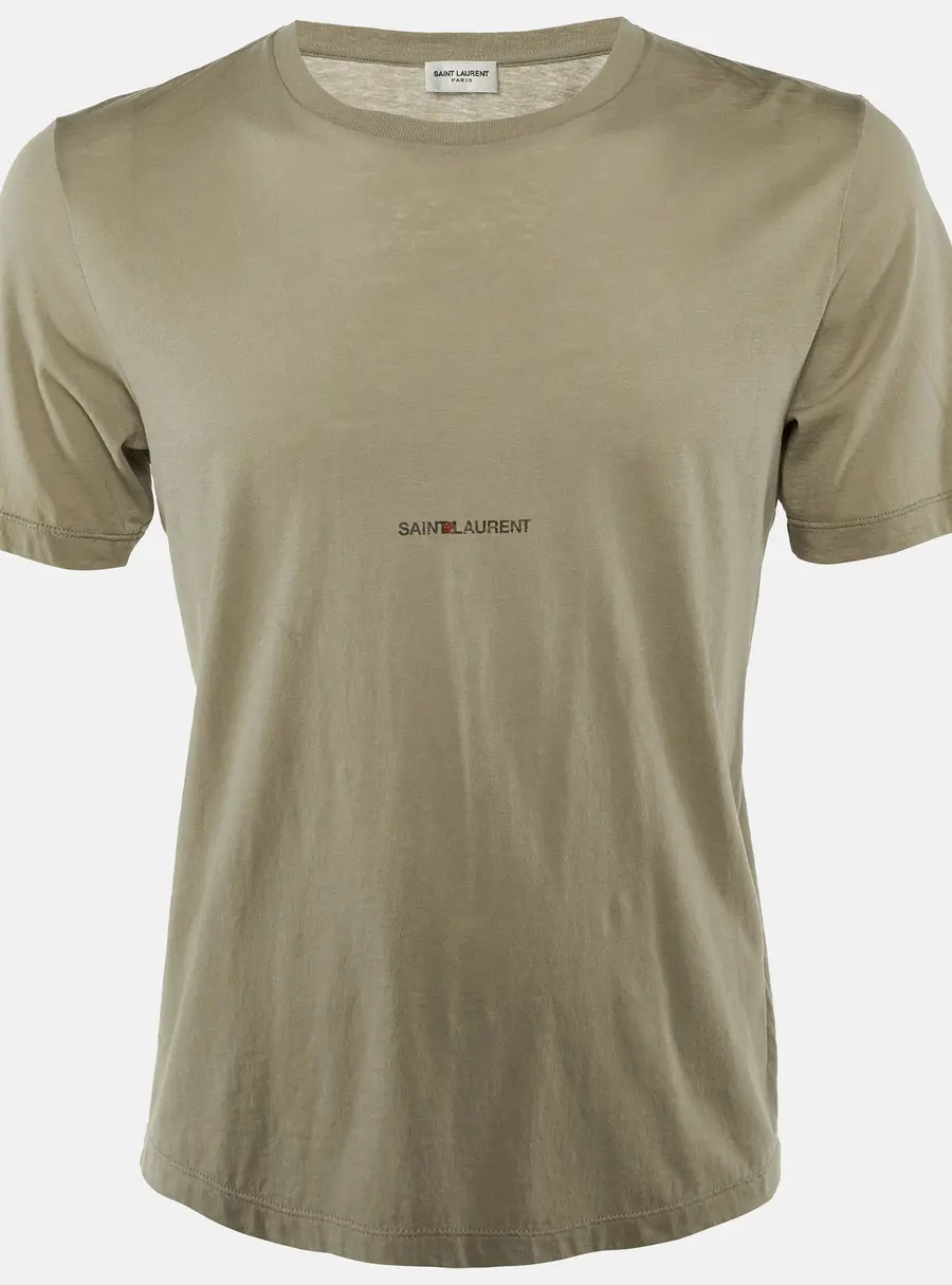 Saint Laurent Paris Olive Green Logo Printed Cotton Crew Neck T-Shirt S