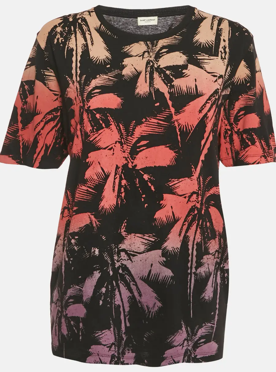 Saint Laurent Paris Black Palm Print Cotton T-Shirt XS