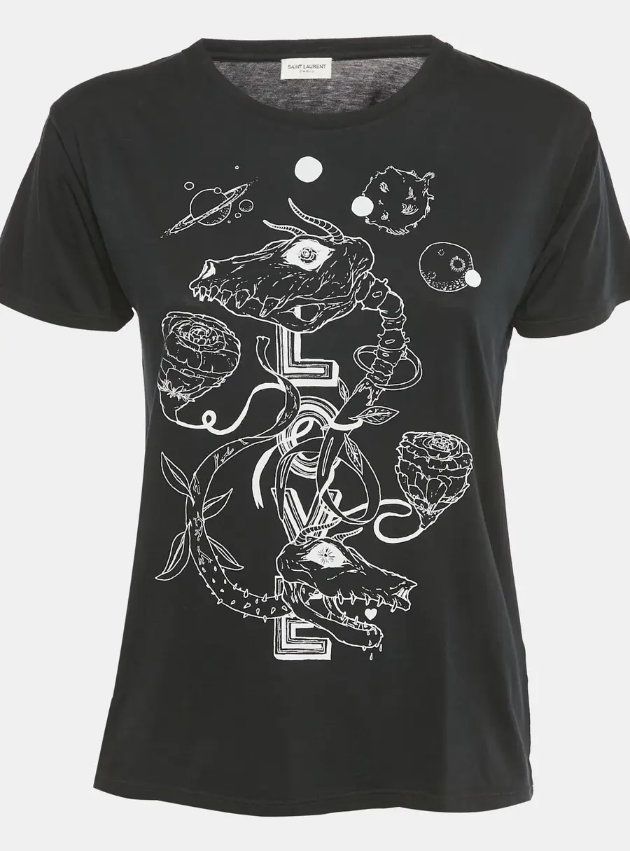 Saint Laurent Paris X Grimes Black Printed Cotton T-Shirt XS