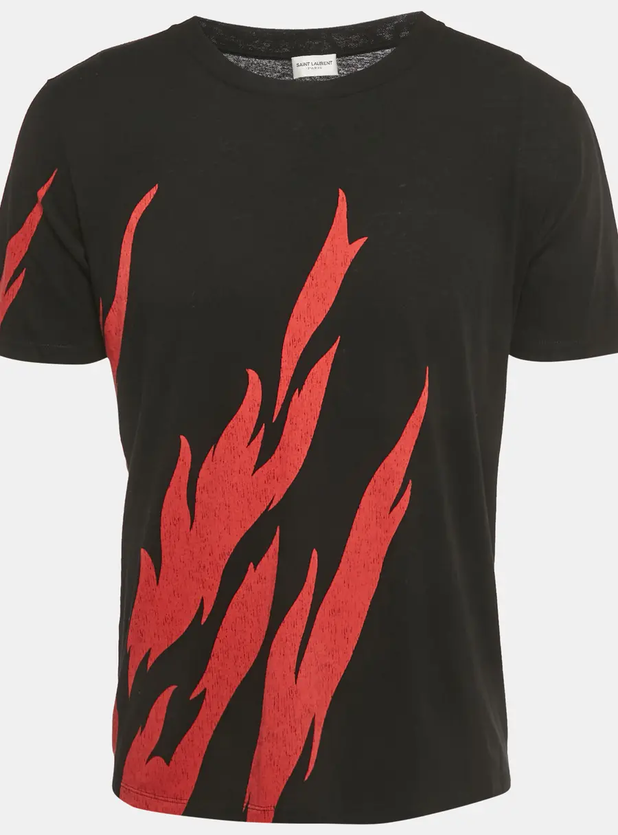 Saint Laurent Paris Black Flame Print Cotton T-Shirt S