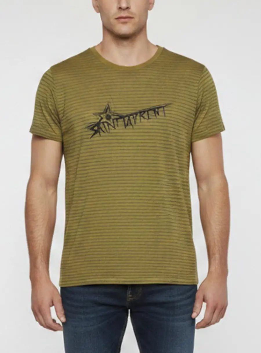 Saint Laurent Paris Olive Green/Black Stripe Star Logo Jersey Crewneck T-Shirt M
